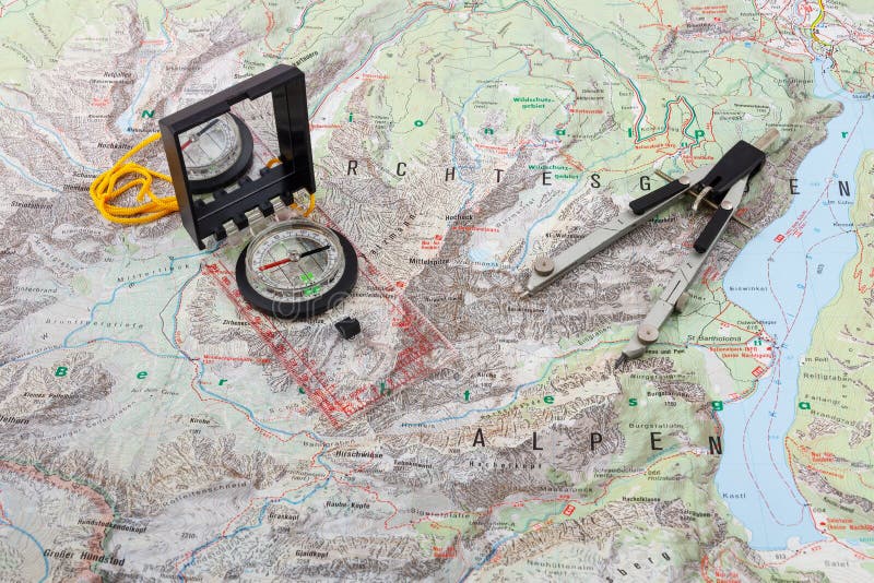 Compass and Divider Caliper on a Hiking Map Stock Image Image of north, geography 48863085