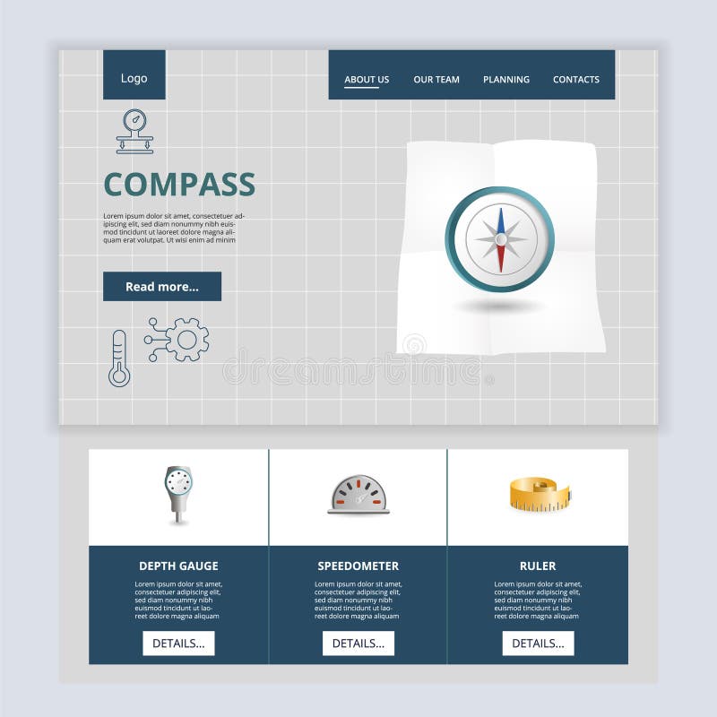 Compass flat landing page website template. Depth gauge, speedometer, ruler. Web banner with header, content and footer vector illustration