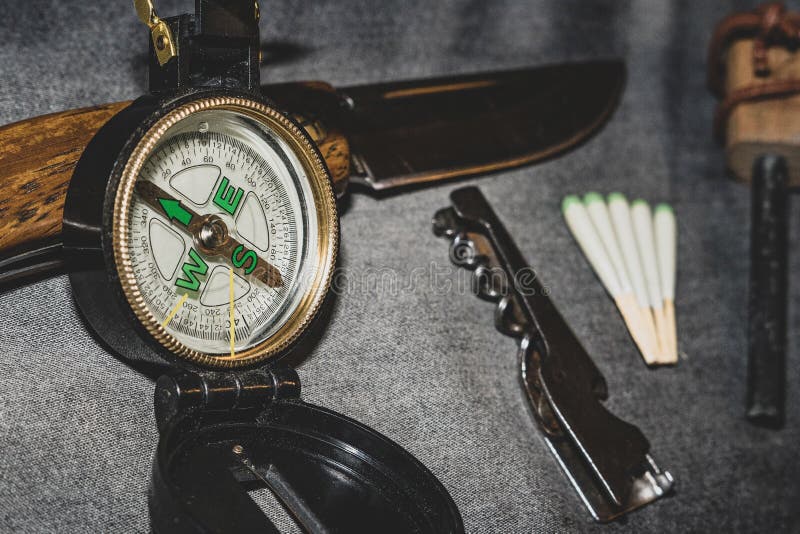 EDC. Wearable Survival Kit. Folding Knife, Compass and Hunting Matches