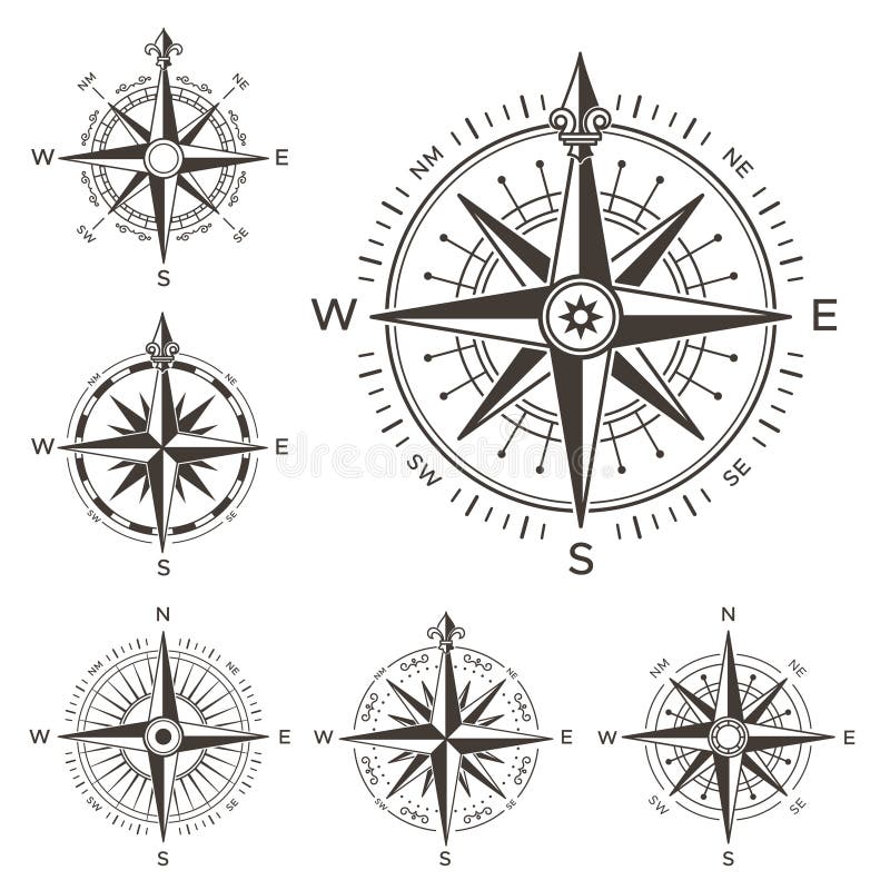Compasso náutico retro Rosa do vintage do vento para o mapa do mundo do mar Símbolo do oeste e do leste ou do sul e o norte das s