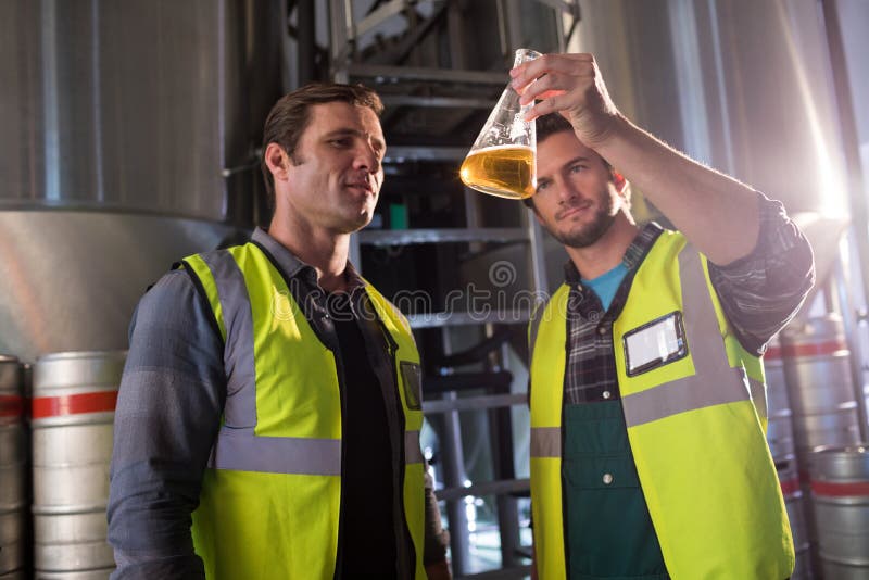 Compañeros de trabajo que examinan la cerveza en cubilete fotografía de archivo Compañeros de trabajo que examinan la cerveza en cubilete fotografía de archivo