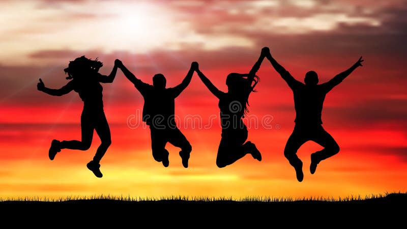 Compañía de amigos, gente feliz, saltando en la silueta de la puesta del sol
