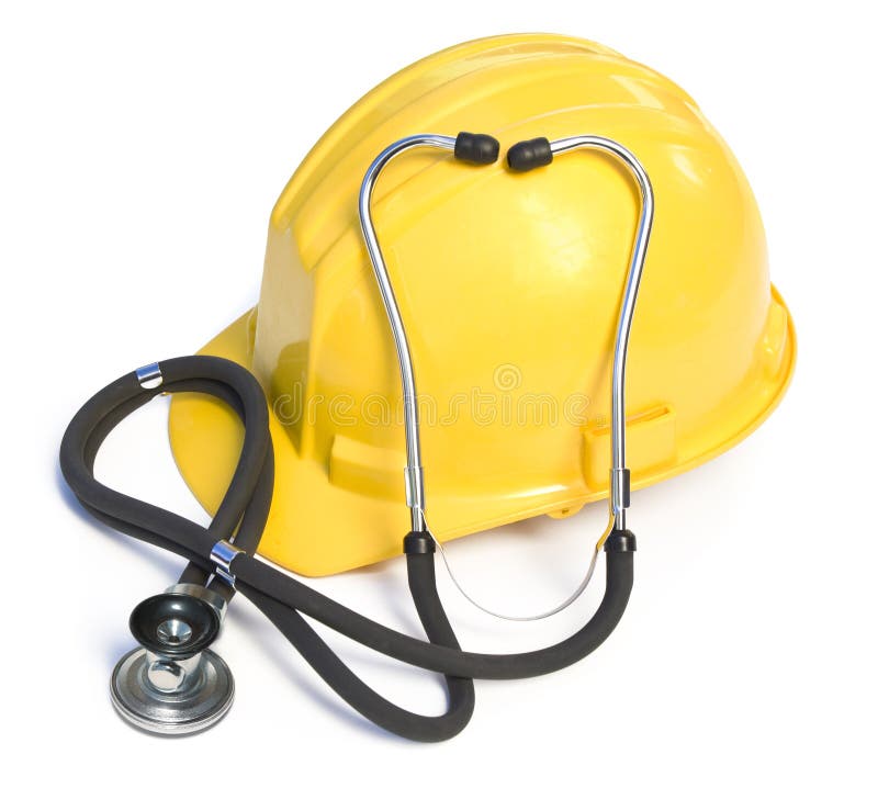 Hart hat and stethoscope on a white background. Hart hat and stethoscope on a white background