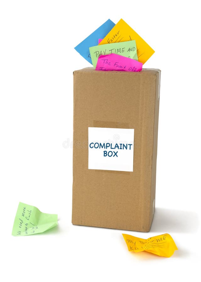 COMPLAINT BOX with many notes sticking out of the top slot and laying beside it