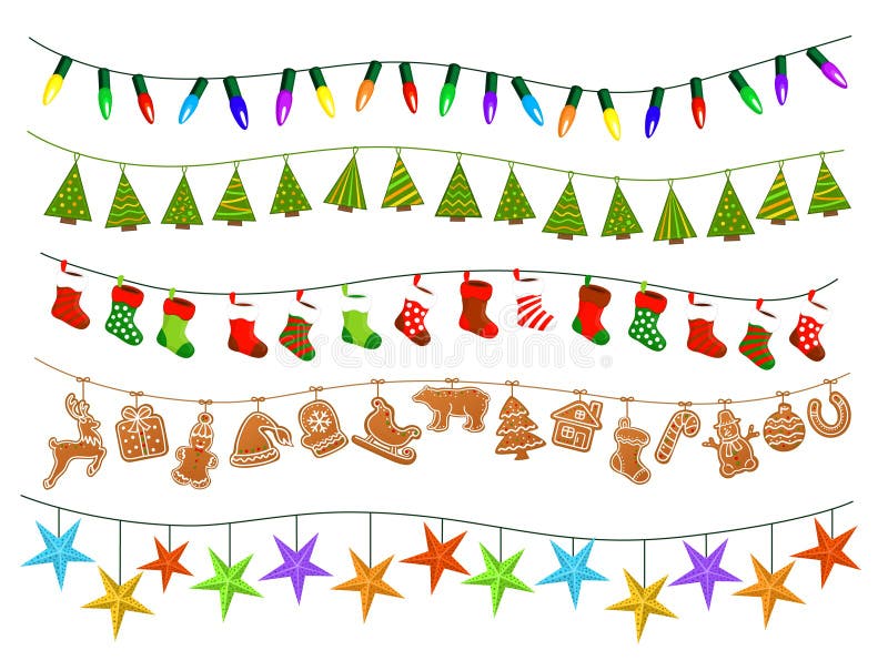 Celebration Christmas New Years Birthdays and other events garlands, led lights bulbs lamps, patch stylized geometric green xmas trees, gingerbread cookies, paper stars and socks. Celebration Christmas New Years Birthdays and other events garlands, led lights bulbs lamps, patch stylized geometric green xmas trees, gingerbread cookies, paper stars and socks