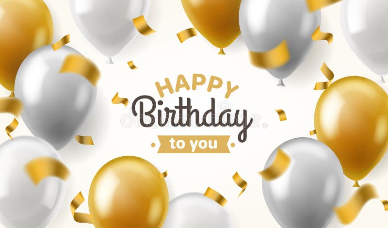 Compleanno dei palloni Congratulazione felice che celebra il manifesto brillante dell'insegna del pallone dell'argento dell'oro d illustrazione di stock