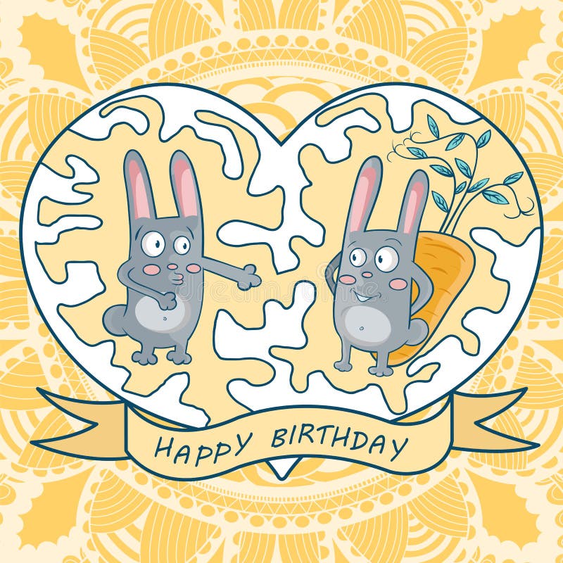 Compleanno della cartolina d'auguri buon due conigli, carote, cuore illustrazione vettoriale Compleanno della cartolina d'auguri buon due conigli, carote, cuore illustrazione vettoriale
