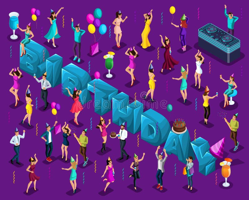 Compleanno isometrico di celebrazione, grandi lettere, gente ballante 3d, in cappucci di festa, felici, palloni, dolce illustrazione vettoriale