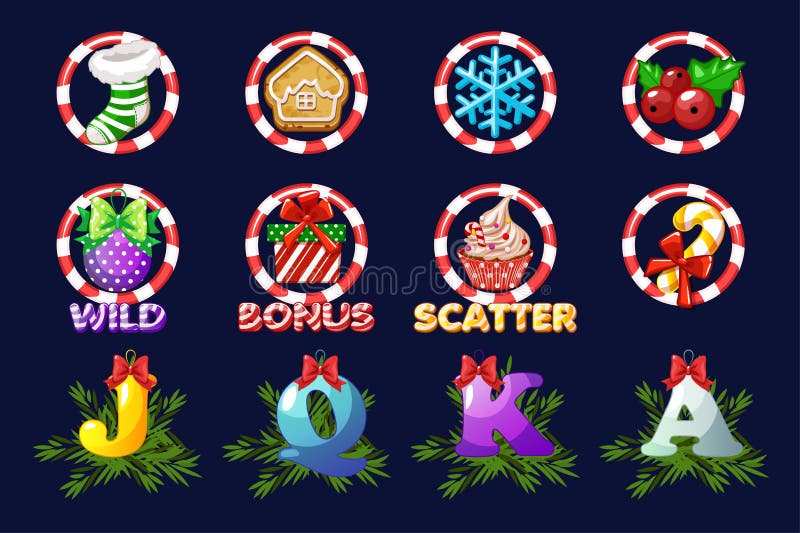 Completar los iconos de Navidad para las ranuras Iconos vectores para juego de tragaperras de casino en una capa independiente Activo Juego 2D