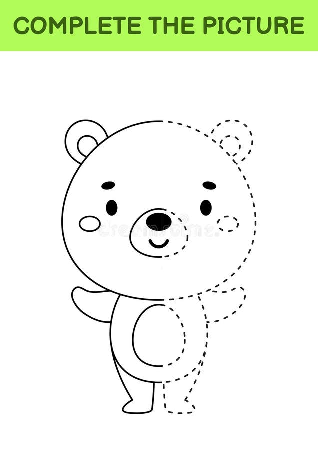 Complete Drawn Picture of Cute Bear. Coloring Book. Dot Copy Game Stock