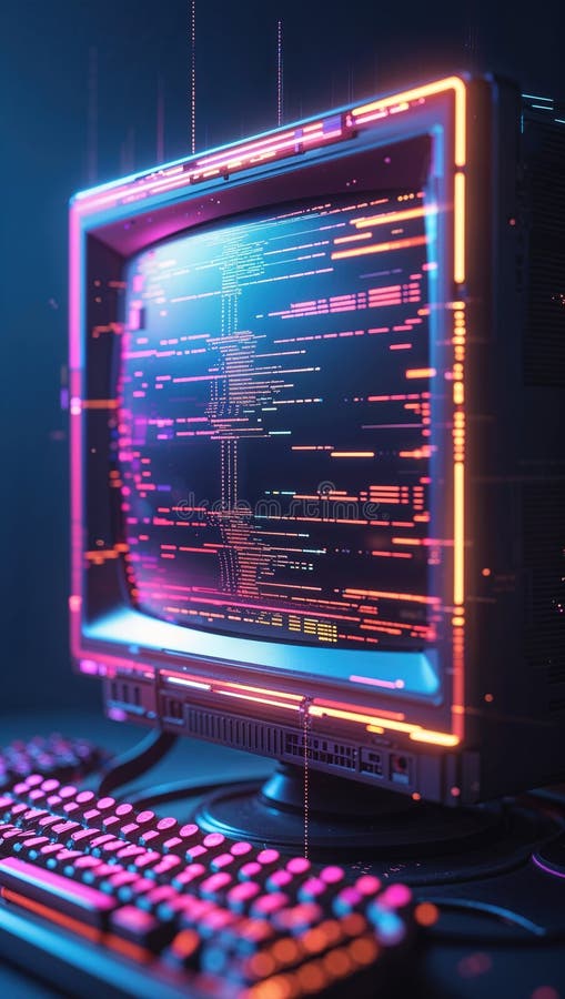 A complex abstract design featuring a computer monitor displaying vibrant coding patterns. A glowing keyboard complements the futu vector illustration