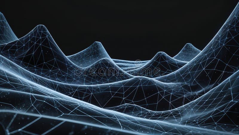 A complex abstract design showcases flowing wave patterns created with fine geometric lines on a deep black backdrop, emphasizing intricate details and depth.