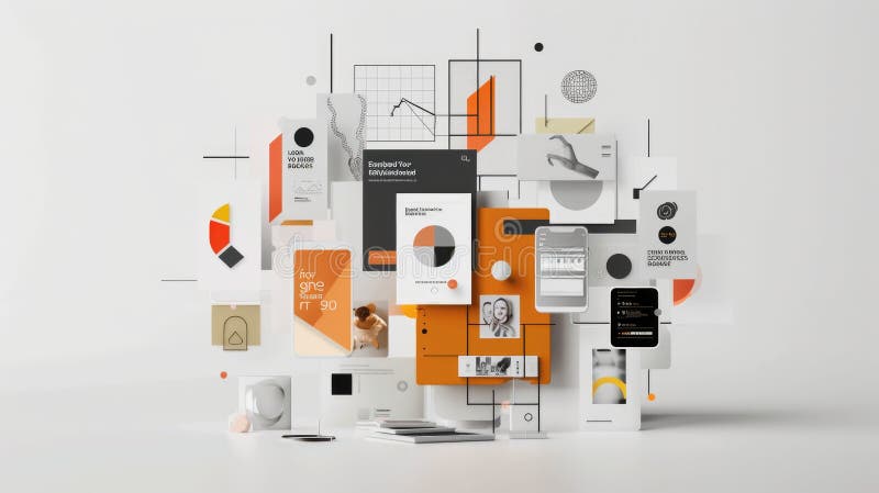 Complex business application website with beautiful infographic design. AIG53. Complex business application website with beautiful infographic design for excellent app idea. Smart software designing draft with digital object on template for user interface and AI generated