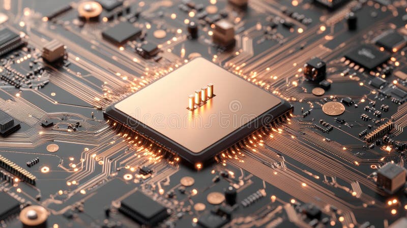Complex circuit board showcasing central processor unit with connections for rapid data transmission within advanced electronic stock images