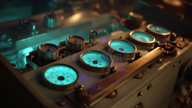 Complex control panel with glowing dials and levers in underwater ambiance royalty free stock images