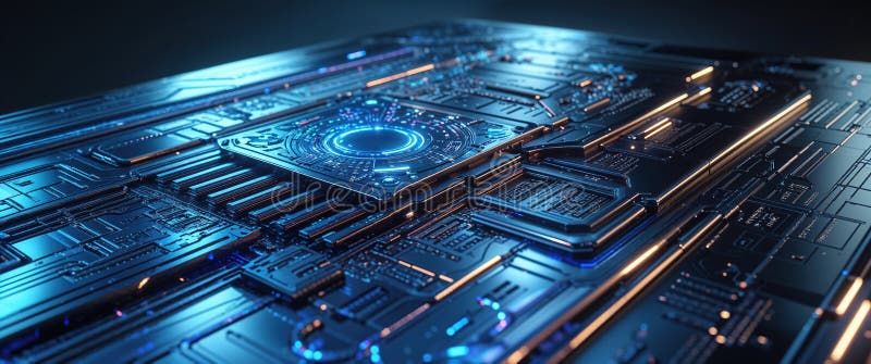 Complex 3D shapes create an eye-catching abstract background filled with luminous circuits and vivid blue accents, evoki stock illustration
