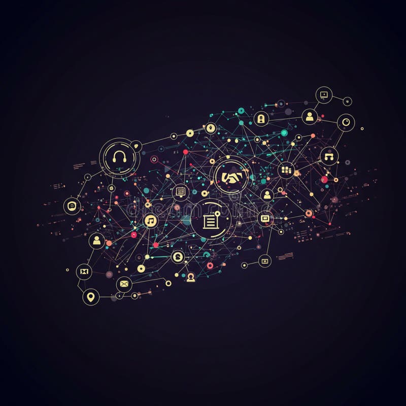 A complex digital network is depicted with interconnected nodes and lines against a vector illustration