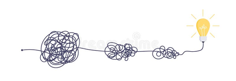 Complex easy simple way from start to idea. Chaos simplifying, problem solving and business solutions idea searching vector illustration