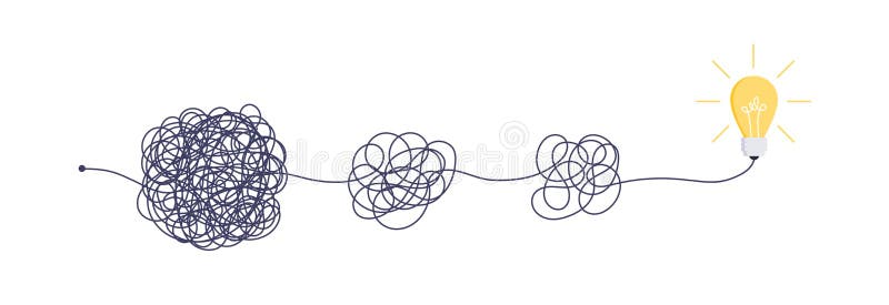 Complex easy simple way from start to idea. Chaos simplifying, problem solving and business solutions idea searching stock illustration