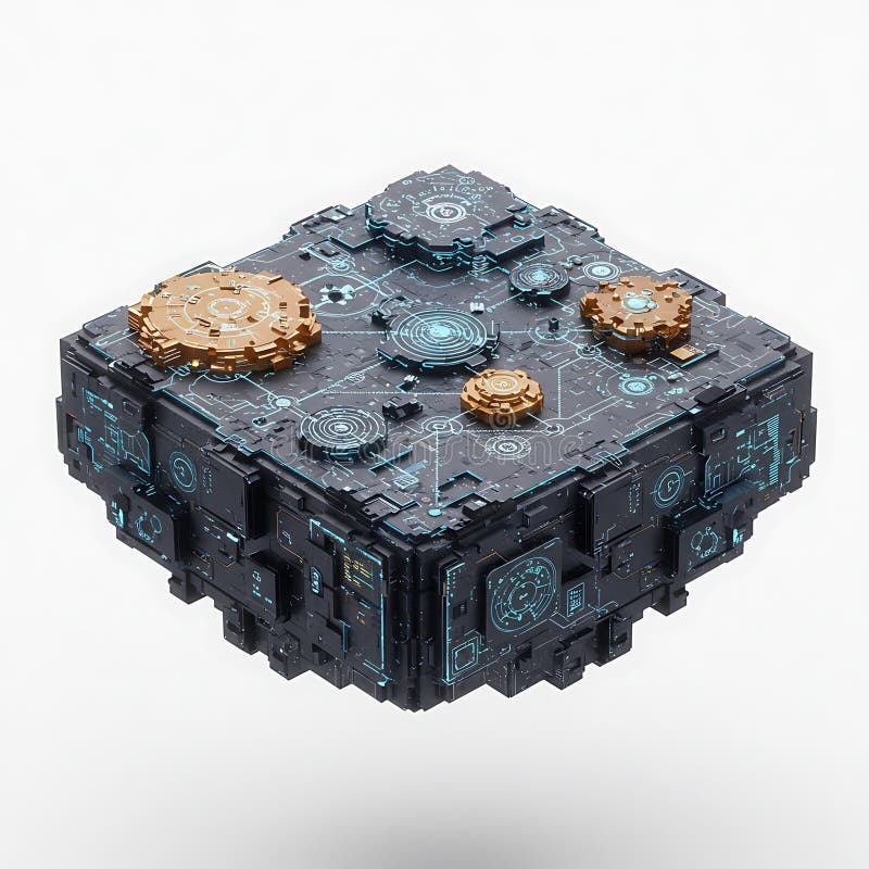 Complex Futuristic Cube with Intricate Circuitry and Gear-like Elements stock illustration