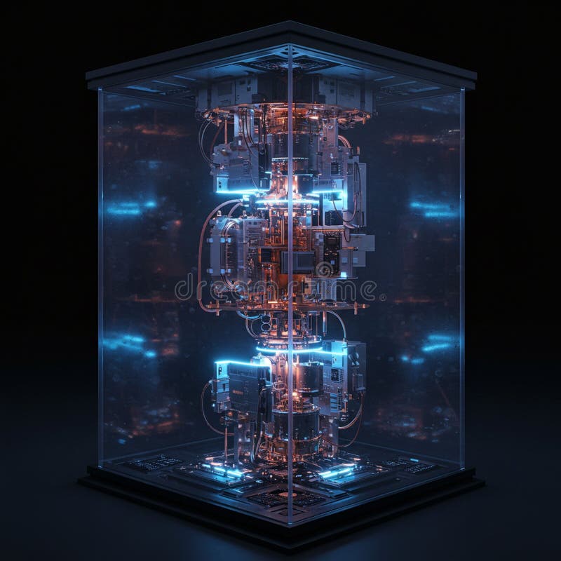 A complex, futuristic machine encased in a transparent glass box. The structure stock illustration