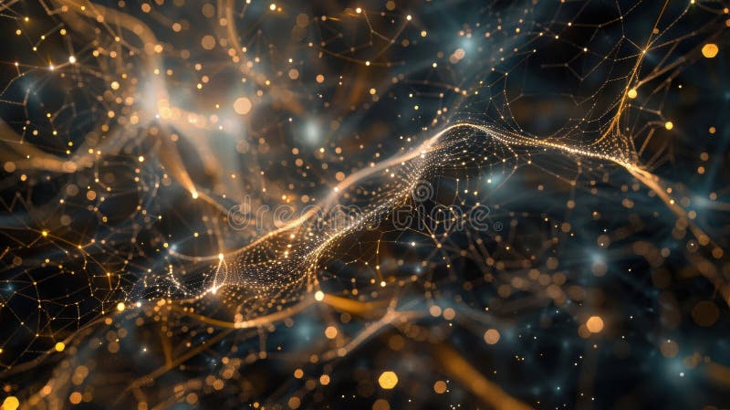Complex golden network of interconnected nodes and lines flowing through dark cyberspace, representing big data, information flow, and digital connections. Blockchain network analysis stock images, royalty-free photos and pictures
