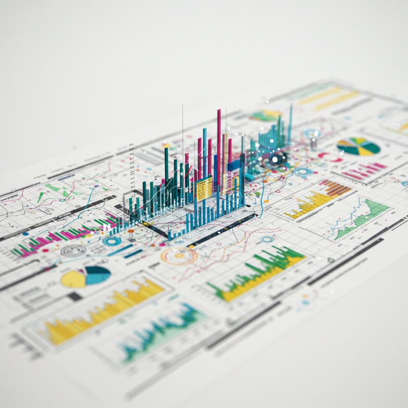 A complex graphical representation featuring a 3D bar chart with various data royalty free illustration