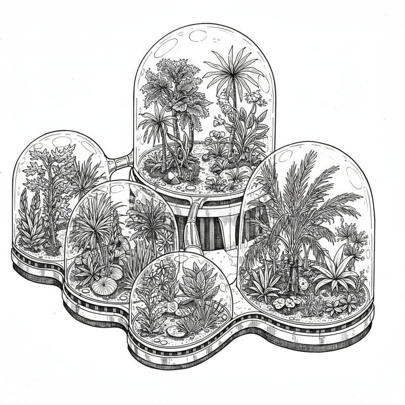 Complex line drawing of interconnected glass domes, each housing diverse plant stock illustration
