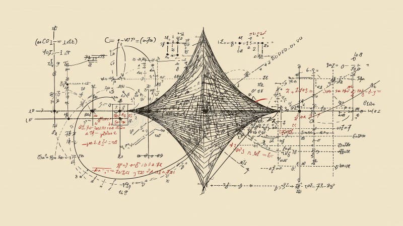 Intricate mathematical diagram featuring a central geometric shape, surrounded by equations and annotations in black and red ink. Annotations ai stock images, royalty-free photos and pictures