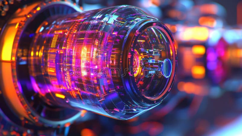 Futuristic glass cylinder showing complex internal mechanisms glowing with vivid colors stock images