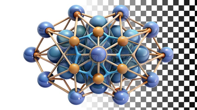 Complex molecular structure atom lattice science chemistry blue gold model png transparent image Generative AI stock illustration