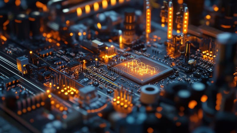 Futuristic microchip processing data on circuit board, manufacturing innovation stock illustration