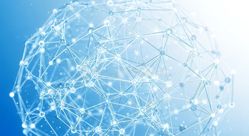 A complex network of interconnected nodes and lines forms a spherical structure stock illustration