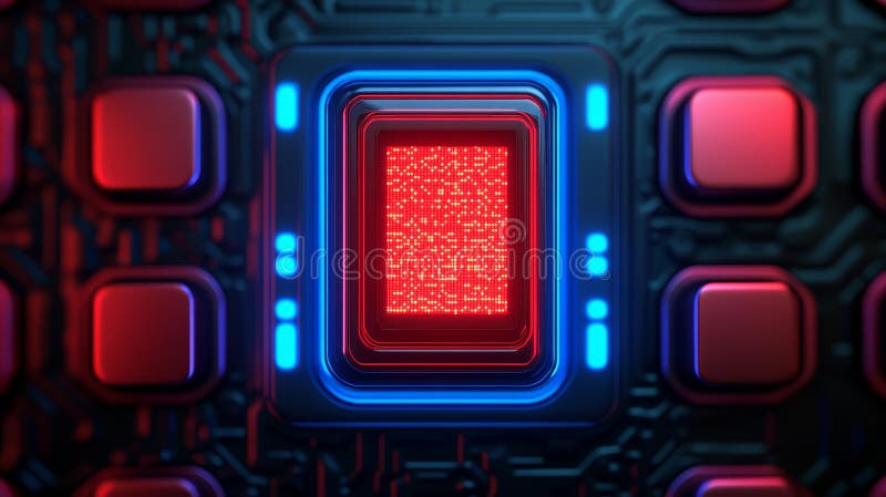 Complex red and blue circuit board, a closeup of advanced electronics circuitry detail stock illustration