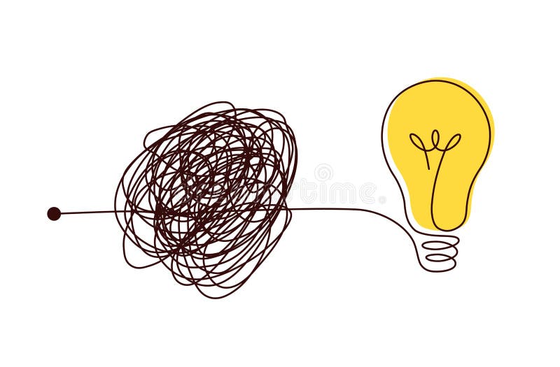 Complex scribble lines knot simplified into light bulb. Complex problem solving, making difficult decision or finding new business idea concept. Chaos turning into simple solution.