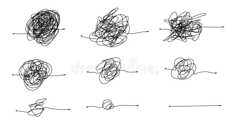 Complex and simple line path set. Scribble line knot from complicated to simplicity shapes. vector illustration