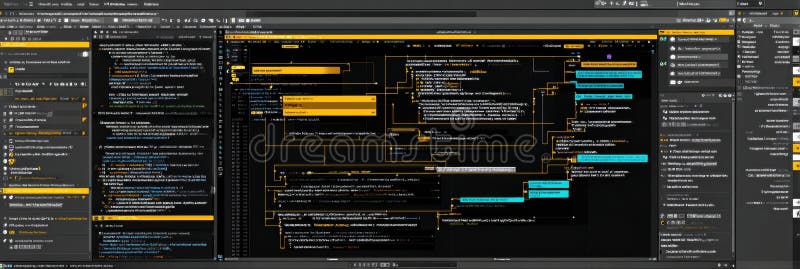 Detailed view of a software architecture setup showcasing various components, code connections, and annotations in a programming context, emphasizing workflow. Annotations ai stock images, royalty-free photos and pictures