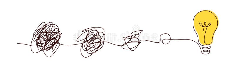Complex to simple way to create idea - messy clew symbols with light bulb. stock illustration