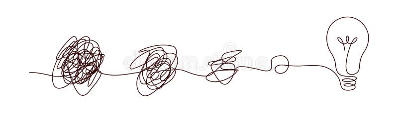 Complex to simple way to create idea - messy clew symbols with light bulb. vector illustration