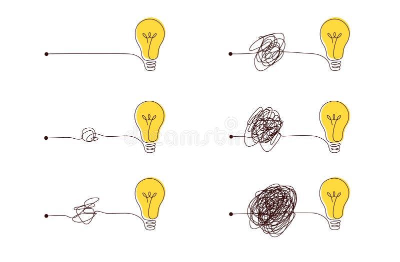 Complex to simple way to create idea - messy clew symbols with light bulb. stock illustration