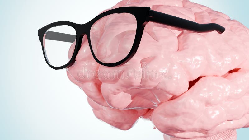 A 3d rendering of human brain is wearing a pair of glasses vector illustration