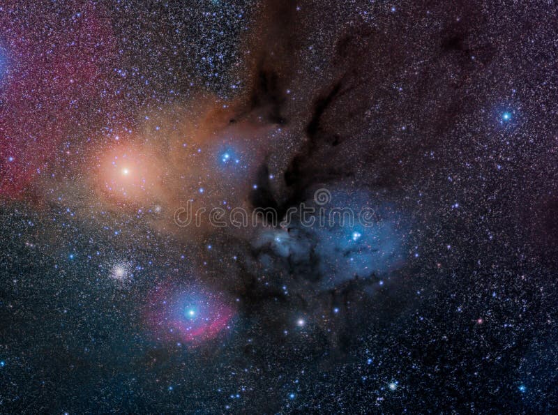 One of the most colorful sections of the night sky, the Rho Ophiuchi Cloud Complex features, both emission and reflection nebula, as well as globular clusters, and the bright star Antares. One of the most colorful sections of the night sky, the Rho Ophiuchi Cloud Complex features, both emission and reflection nebula, as well as globular clusters, and the bright star Antares.