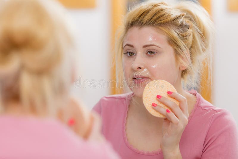 Woman Having Wash Gel on Face Holding Sponge Stock Image Image of