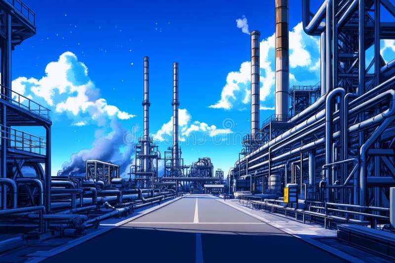 Complexul de rafinării industriale Under Blue Sky Un complex vast de rafinării industriale într-o zi însorită, prezentând pipete c. Un vast complex industrial de rafinării într-o zi însorită, prezentând pipete complexe și structuri înalte.