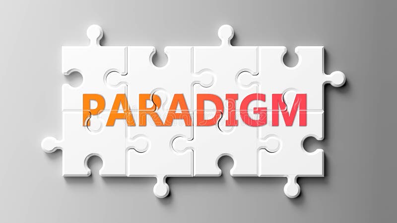 Complexul paradigmei ca un puzzle imaginat ca paradigmă de cuvinte pe piese de puzzle pentru a arăta că paradigma poate fi dificil stock illustration