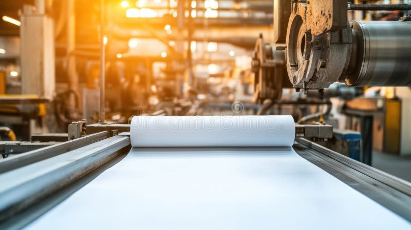 A compliance document partially unrolled on a factory floor with machinery and production lines visible emphasizing the stock images