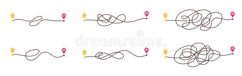 Complicated way and simple path from point A to B. Plans and real life chaos simplifying. Curved dashed line. Vector vector illustration