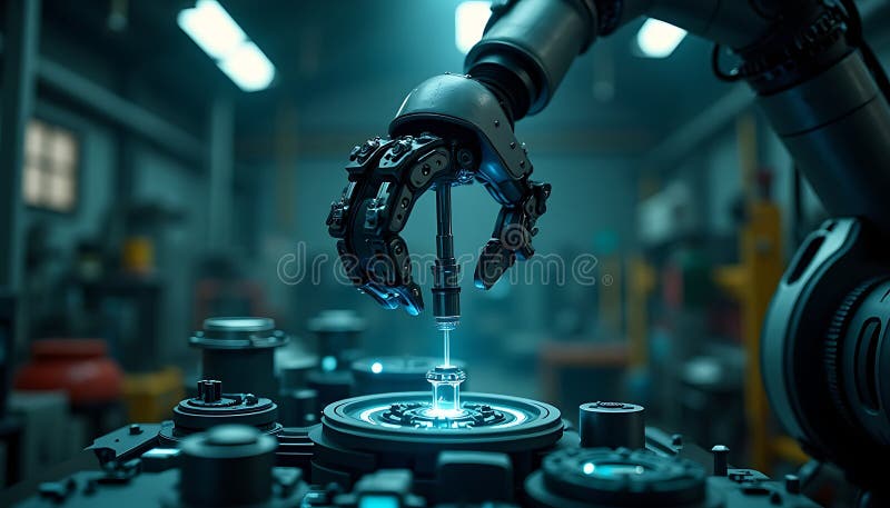 Componente di precisione per assemblaggio di braccia robotiche con luce blu in configurazione di fabbrica illustrazione di stock