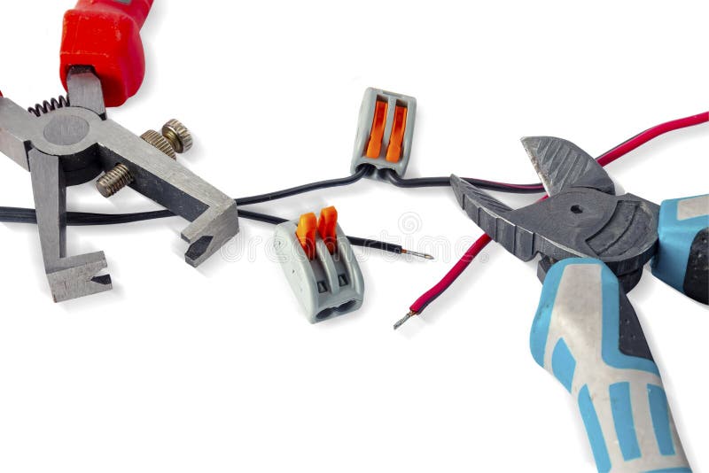 Componenten voor gebruik in elektrische installaties Besnoeiingsbuigtang, schakelaars, gids Toebehoren voor het techniekwerk, ene stock fotografie Componenten voor gebruik in elektrische installaties Besnoeiingsbuigtang, schakelaars, gids Toebehoren voor het techniekwerk, ene stock fotografie