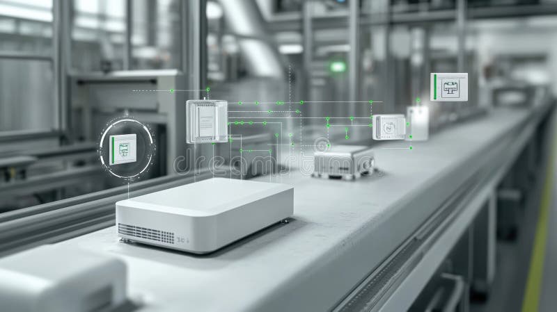 Componenti elettronici mobili a nastro trasportatore intelligente con diagramma di circuito di realtà aumentato fotografia stock